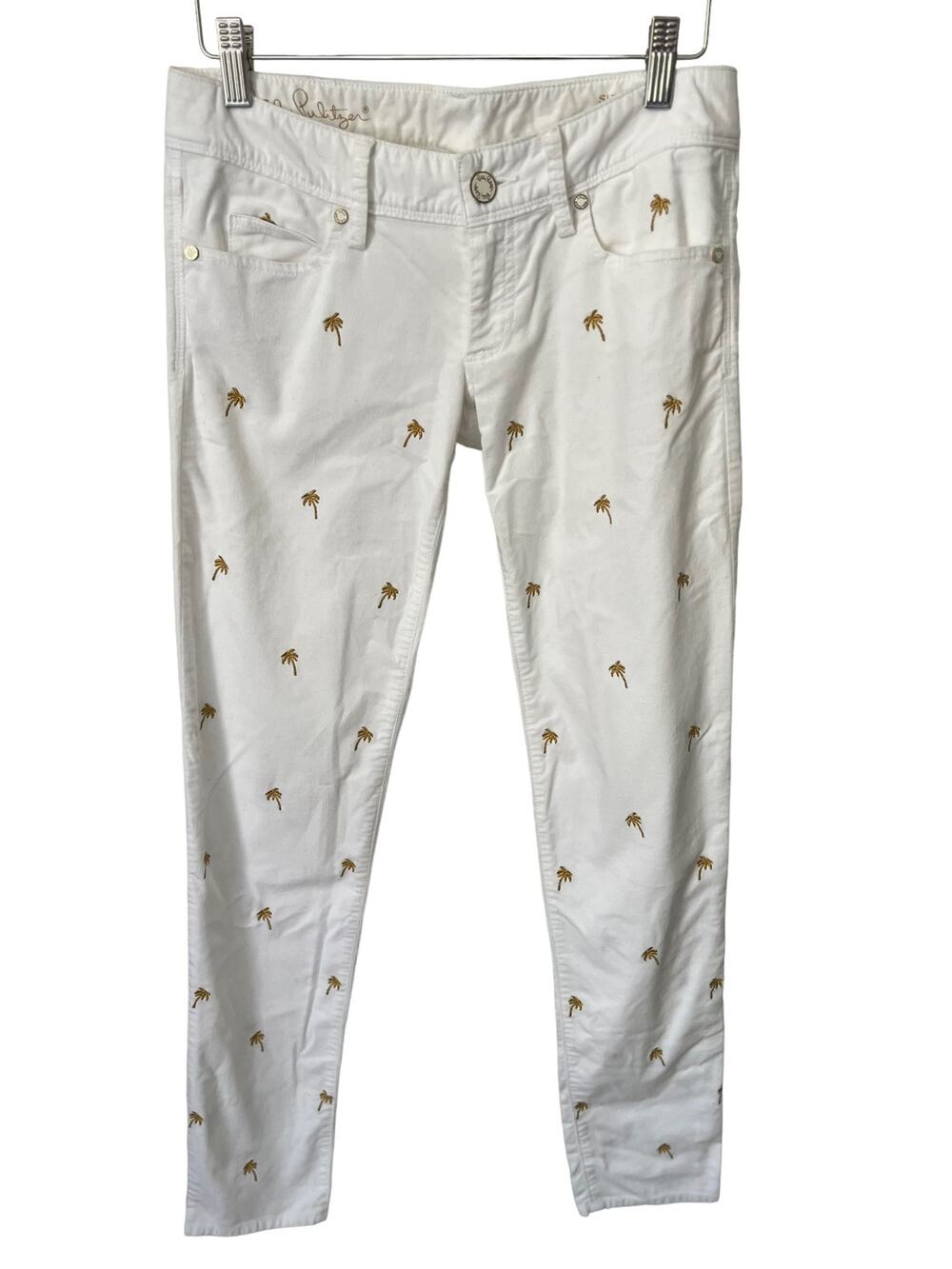 Lilly Pulitzer White Gold Palm Tree Embroidery Low Rise Worth Skinny Pant Size 0